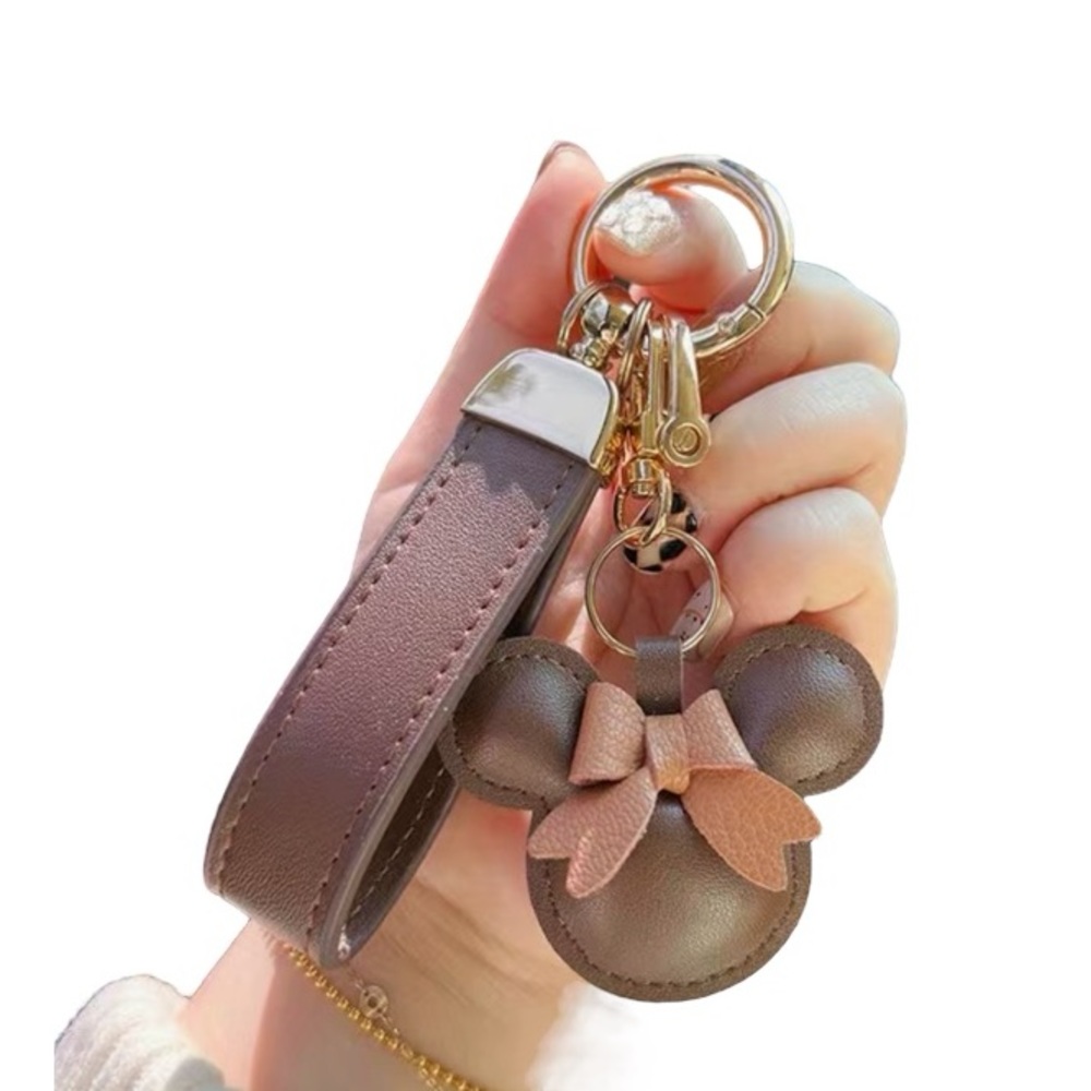 NWT Leather Minnie Mouse Gold & Brown Bracelet Keychain  Set
